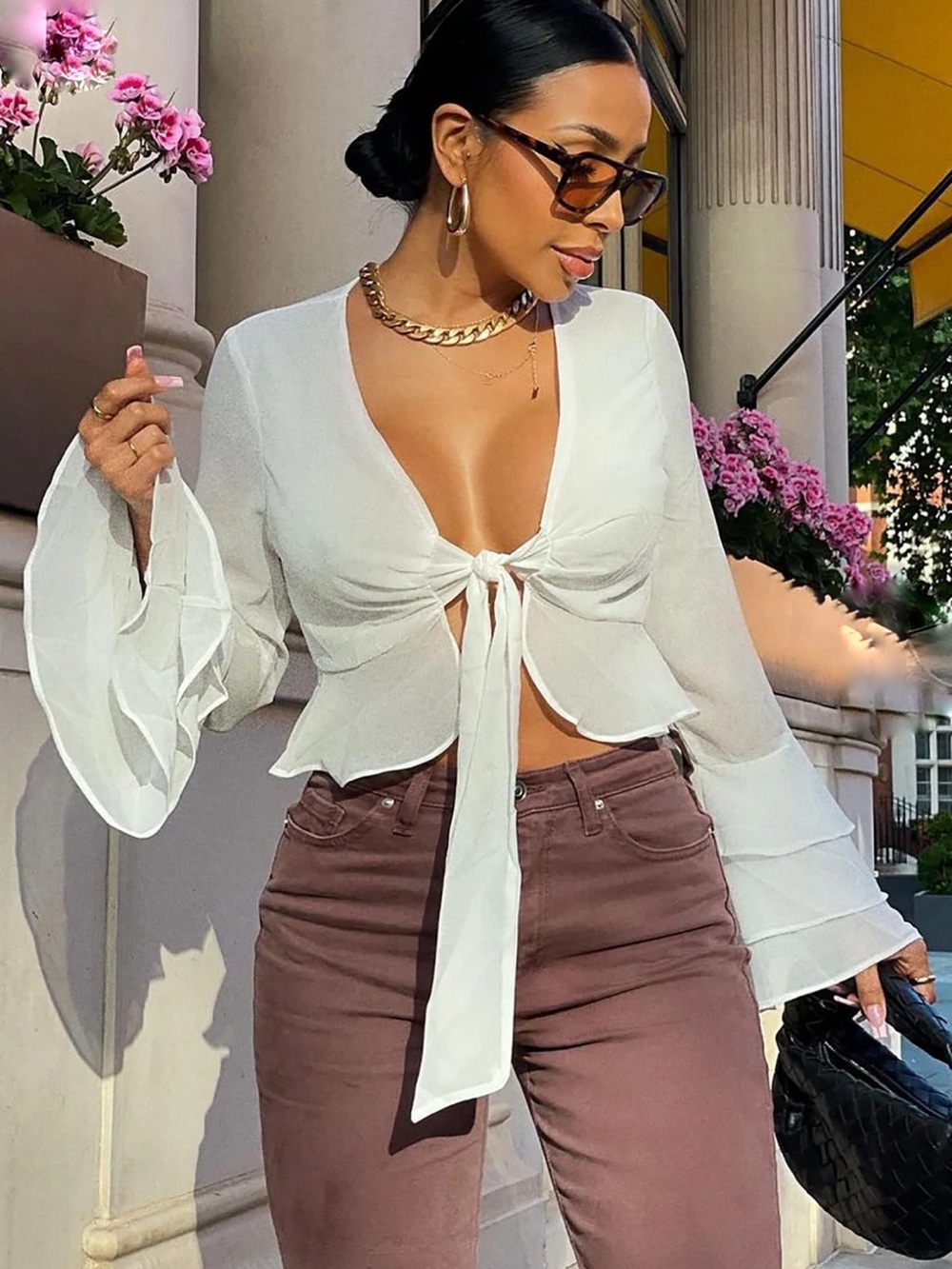 Fashion Nova Cream Tie-Front Ruffle Blouse Women’s Sz large Romantic Sheer Boho